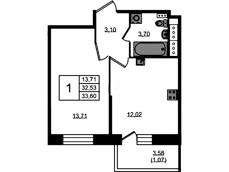 1-комнатная квартира 33.6 м², 11/11 эт., ЖК «Новое Колпино»